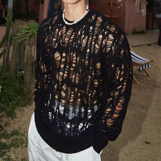 Vintage Ripped Hollow Out Mesh Knit Tops Men 2025 Spring Streetwear Fashion Crew Neck Long Sleeve Knitted T Shirt Mens Clothing