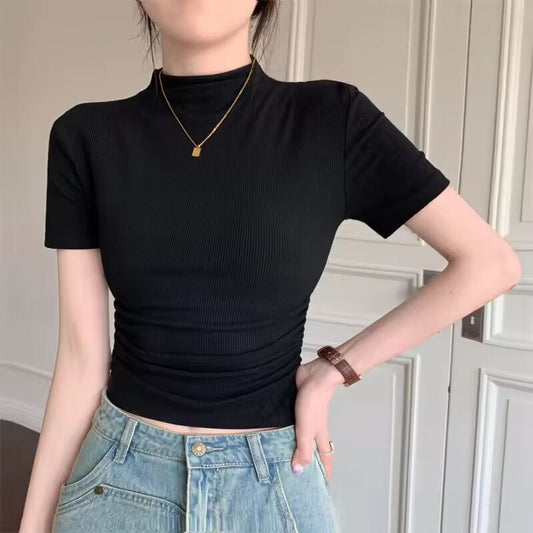 Y2k Summer Corset Turtleneck T Shirt Women Short Sleeves New Crop Top Kpop Slim Fit Pleated Japanese Tee Tshirt Woman Clothing