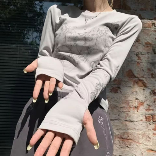 Vintage Women Clothes Y2K T-shirts 2025 Blusas O-neck Long Sleeve Print Tunic Woman Clothing Fashion Casual Crop Tops Shirts
